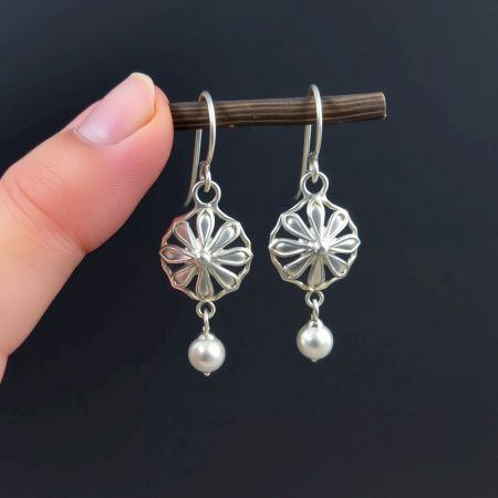 Minimalist Pearl drop dangle earring, Brass silver plated earring